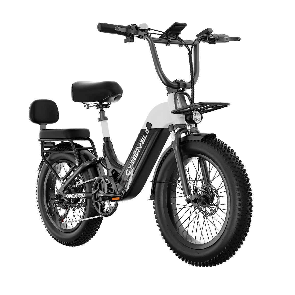 Electric bike with a white frame and black components on a white background