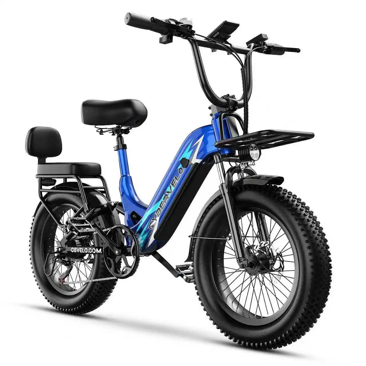 Blue electric bike with black seat and tires on a white background