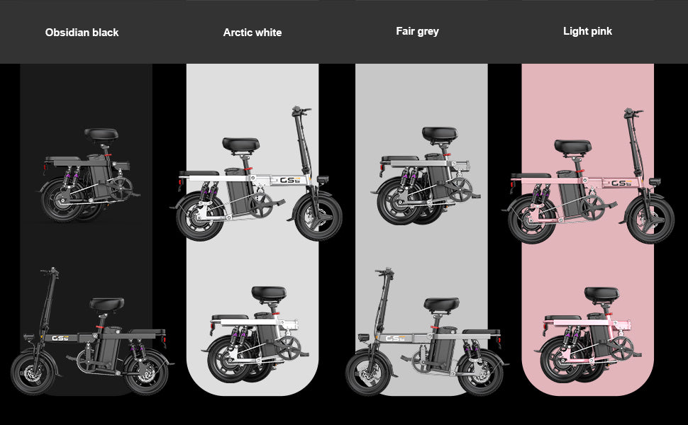 Electric bike color options displayed on a black background with 'Obsidian black', 'Arctic white', 'Fair grey', and 'Light pink' labels.
