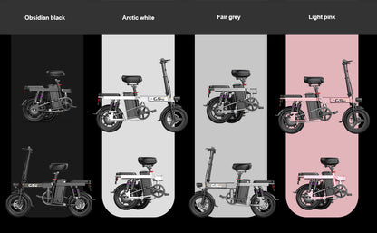 Electric bike color options displayed on a black background with 'Obsidian black', 'Arctic white', 'Fair grey', and 'Light pink' labels.