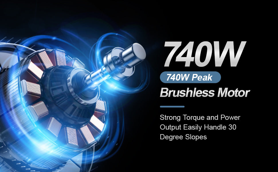 Brushless motor with 740W peak power rating on a dark background