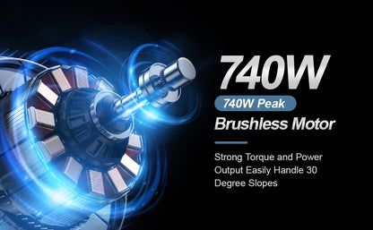 Brushless motor with 740W peak power rating on a dark background