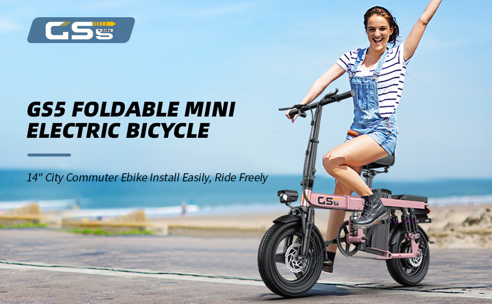 Woman riding a GS5 foldable mini electric bicycle on a road with a clear blue sky.